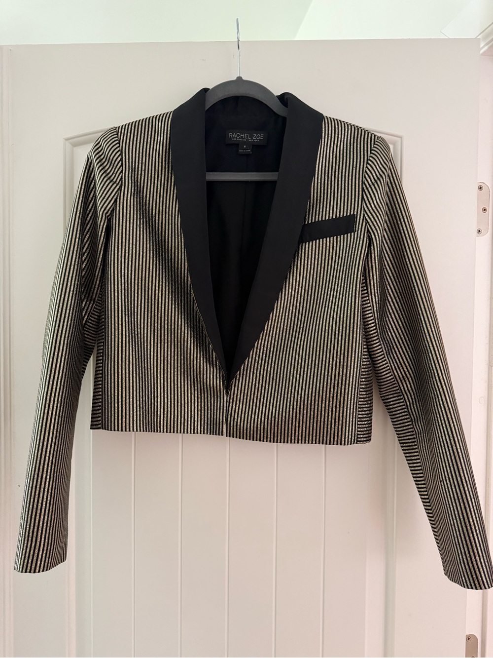 Rachel Zoe Metallic Gold and Black Pinstripe Blazer with Shawl Collar